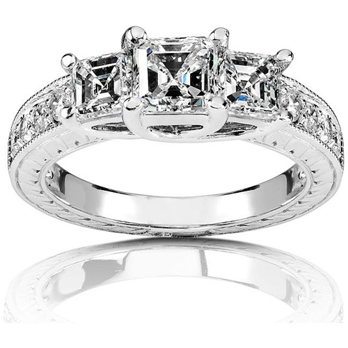 14K Three-Stone Asscher Cut Engagement Ring 1.60 ctw