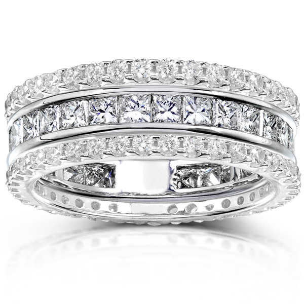 14K White Gold 3 CTW Round Princess Cut Diamond 3 Piece Eternity Ring Set