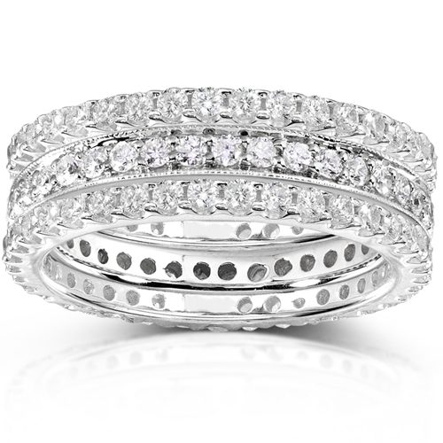 14KW Gold 1.50 CTW Diamond Prong Pave Set 3 Piece Eternity Ring Set