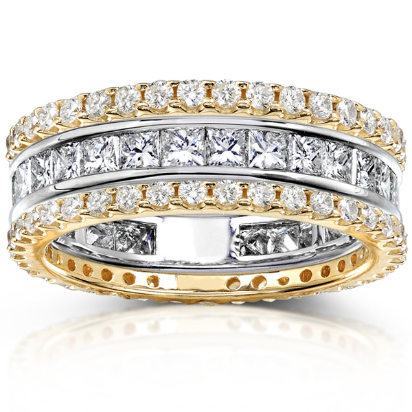 14KYW Gold 3.00 CTW Round Princess Diamond 3 Piece Eternity Ring Set