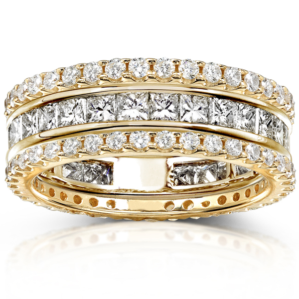 14KY Gold 3.00 CTW Round Princess Diamond 3 Piece Eternity Ring Set
