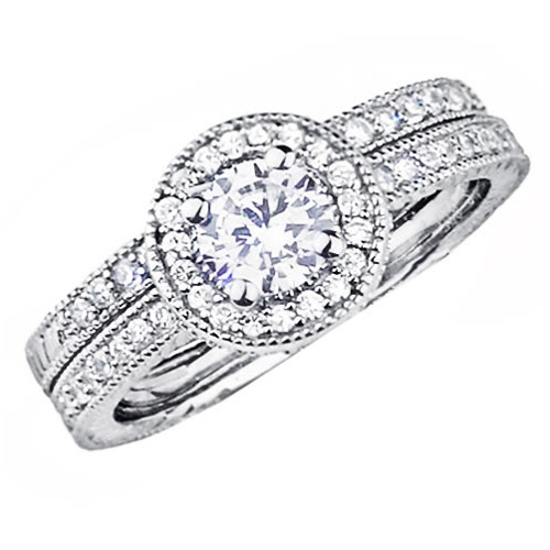 Round-Cut Pave Halo CZ Engagement Ring Set in Rhodium Sterling Silver