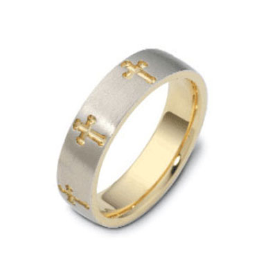 Carved Engravedbr6.00 mm Cross 18K Two Tone Gold Wedding Band