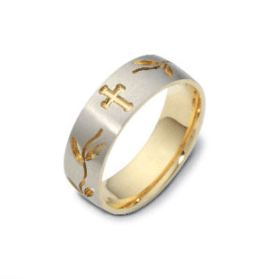 7mm 18K Two Tone Gold Floral Cross Wedding Band