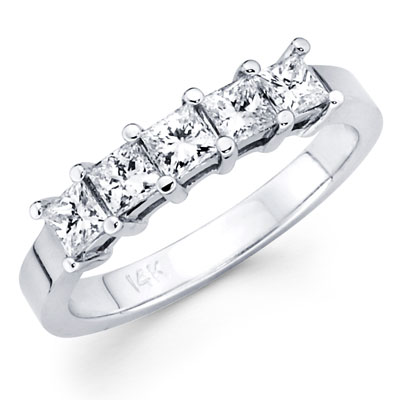 14K White Gold Princess Diamond Five Stone Band 0.52 ctw