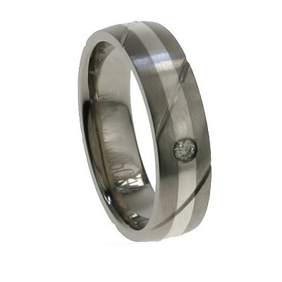 Bezel Set Diamond Titanium Silver Inlay Wedding Band 0.05 ctw