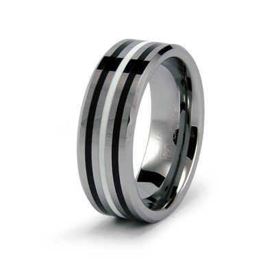 White Tungsten Wedding Bands on White And Black Stripe Tungsten Wedding Band