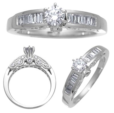 14K White Gold Diamond Solitaire Engagement Ring 0.29ct center 0.38ct side