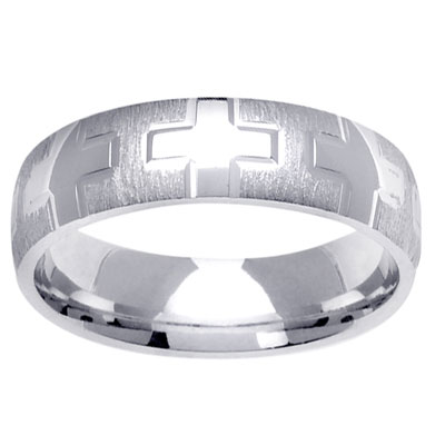 Cross Textured 14K White Gold Wedding Ring