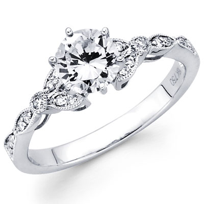 18KW Micro Pave Set Round Diamond with Milgrain Engagement Ring