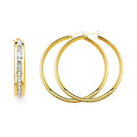 Medium Round CZ Hoop Earrings - 14K Yellow Gold 1.38 inch