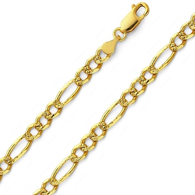 6mm 14K Yellow Gold Men's Pave Figaro Link Chain Necklace 20-26in