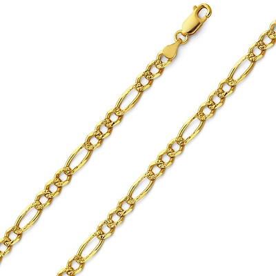 4mm 14K Yellow Gold Pave Figaro Link Chain Necklace 18-24in