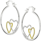 Silver Hoop 2-Hearts Earrings, clip-in backs