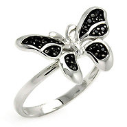Pave Black Cubic Zirconia Butterfly Ring in Sterling Silver (Rhodium)