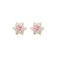 14K Yellow Gold Flower Pink Tourmaline CZ October Birthstone Stud Earrings