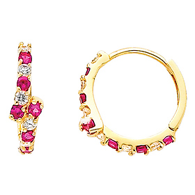 Bypass 14K Yellow Gold Red & White CZ Huggie Earrings 4mm x 13mm