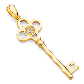 Clover Key Pendant with CZ Accents in 14K Yellow Gold - Small