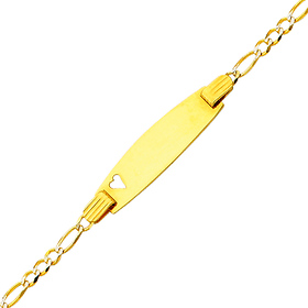 2.5mm 14K Yellow Gold White Pave Heart Figaro Link ID Bracelet - Children, Women