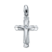 Small Fancy Solitaire CZ Stacked Cross Pendant in Sterling Silver Rhodium