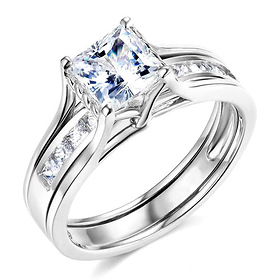 Split Shank 1-CT Princess-Cut Solitaire CZ Wedding Ring Set in Sterling Silver (Rhodium)