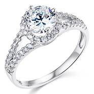 Split Shank Halo 1-CT Round CZ Engagement Ring in Sterling Silver (Rhodium)