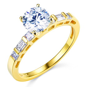 1-CT Round-Cut & Side Baguette CZ Engagement Ring in 14K Yellow Gold