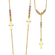 2mm Mirrorball Bead Protestant Rosary Necklace in 14K Tricolor Gold - Floating Crosses
