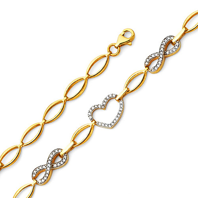 Duo Infinity & Heart CZ 14K Yellow Gold Charm Bracelet