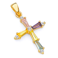 Small Multicolored Baguette CZ Cross Pendant in 14K Yellow Gold