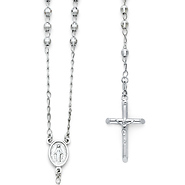 4mm Mirrorball Bead Miraculous Medal Rosary Necklace in 14K White Gold 26in