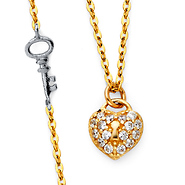 Floating Key Micropave CZ Heart Lock Necklace in 14K Two-Tone Gold