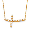 Curved CZ Sideways Cross Floating Charm Necklace in 14K Yellow Gold