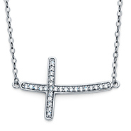 Floating Curved Micropave CZ Sideways Cross Necklace in 14K White Gold