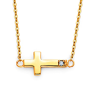 Floating Mini Sideways Cross Necklace with CZ Accent in 14K Yellow Gold