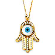 Hamsa Evil Eye Necklace with Micropave CZs in 14K Yellow Gold