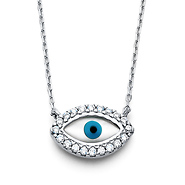 Floating Round-Cut CZ Evil Eye Necklace in 14K White Gold
