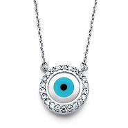 Floating Cubic Zirconia CZ Circle Evil Eye Necklace in 14K White Gold