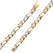 6mm Men's 14K Tricolor Gold Nugget Oval Figaro Link Chain Bracelet 8in