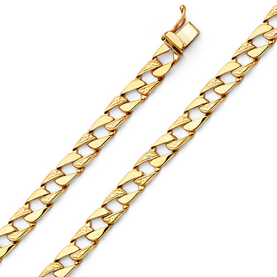 6mm Men's 14K Yellow Gold Carved Square Curb Cuban Link Chain Bracelet 8in
