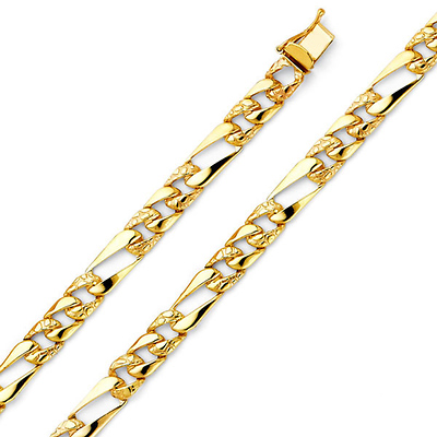 6mm Men's 14K Yellow Gold Oval Nugget Figaro Chain Bracelet 7in