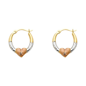 14K Tricolor Gold Small Heart Diamond-Cut Oval Hoop Earrings