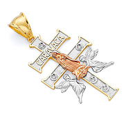 Extra Large Caravaca CZ Crucifix Pendant in 14K Tricolor Gold