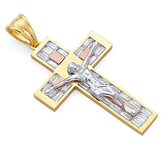 Extra Large Wide Double-Cross CZ Crucifix Pendant in 14K TriGold