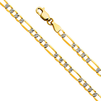 4mm 14K Yellow Gold Figaro 3+1 Fancy White Pave Chain Necklace 18-24in
