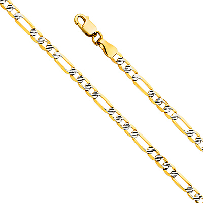3mm 14K Yellow Gold Figaro 3+1 Fancy White Pave Chain Necklace 16-24in
