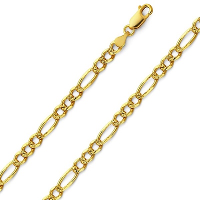 4.5mm 14K Gold Yellow Pave Figaro Link Chain Necklace 18-24in
