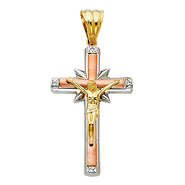 Raised Crucifix Pendant with CZs and White Gold Rays in 14K TriGold - Large