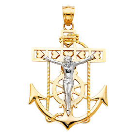 Heart Mariner's Cross Anchored Crucifix Pendant in 14K Yellow & White Gold - Small