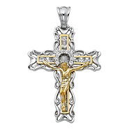 Ornate Open Paisley CZ Crucifix Pendant in 14K Two-Tone Gold XL